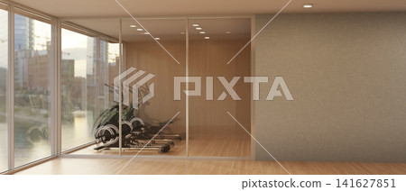 Modern Fitness Room Behind Glass Wall in Luxury Office Interior Modern Fitness Room Behind Glass Wall in Luxury Office Interior 141627851