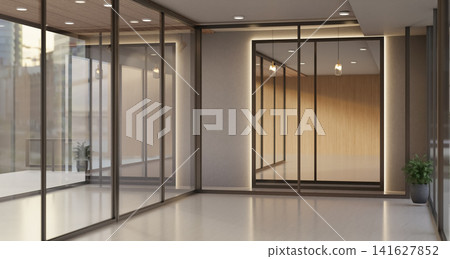 Luxury Modern Office Hallway with Glass Walls and Ambient Lighting Luxury Modern Office Hallway with Glass Walls and Ambient Lighting 141627852