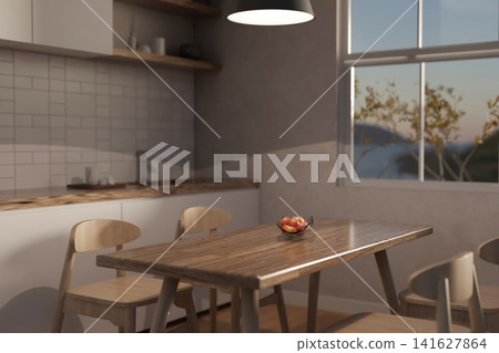 Modern Scandinavian kitchen dining room interior with wooden table and natural sunlight 3D illustration Modern Scandinavian kitchen dining room interior with wooden table and natural sunlight 3D illustration 141627864