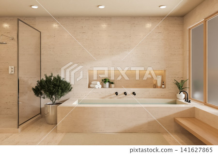 Luxury travertine bathroom interior with bathtub and walk in shower 3D illustration Luxury travertine bathroom interior with bathtub and walk in shower 3D illustration 141627865