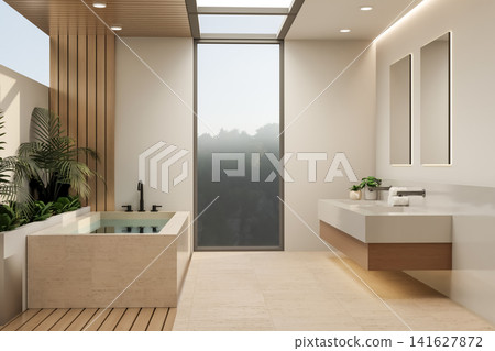 Minimal stone bathtub with panoramic window in modern bathroom Minimal stone bathtub with panoramic window in modern bathroom 141627872