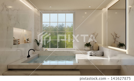 Luxury marble bathroom with soaking bathtub and large window Luxury marble bathroom with soaking bathtub and large window 141627875
