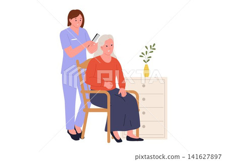 Illustration of Caregiver Combing Senior Woman Hair Gently 141627897