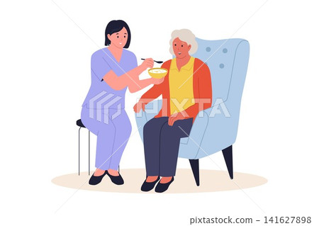 Illustration of Nurse Feeding Soup to Senior Woman on Chair Illustration of Nurse Feeding Soup to Senior Woman on Chair 141627898