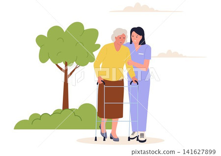 Illustration of Nurse Assisting Senior Woman Walking with Walker Illustration of Nurse Assisting Senior Woman Walking with Walker 141627899