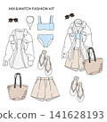Resort-style outfit changeable fashion set: Swimsuit and shirt mix & match illustration Resort-style outfit changeable fashion set: Swimsuit and shirt mix & match illustration 141628193