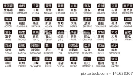 A set of hand-drawn decorative labels for all 47 prefectures of Japan, featuring vector graphics of Japanese characters and English letters. A set of hand-drawn decorative labels for all 47 prefectures of Japan, featuring vector graphics of Japanese characters and English letters. 141628307