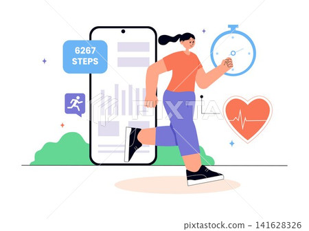Virtual Fitness App Promotion Illustration Featuring Workout Tracking, Exercise Monitoring, Heart Rate Analytics, Healthy Lifestyle and Wellness Goals 141628326