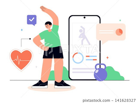Virtual Fitness App Promotion Illustration Featuring Workout Tracking, Exercise Monitoring, Heart Rate Analytics, Healthy Lifestyle and Wellness Goals Virtual Fitness App Promotion Illustration Featuring Workout Tracking, Exercise Monitoring, Heart Rate Analytics, Healthy Lifestyle and Wellness Goals 141628327