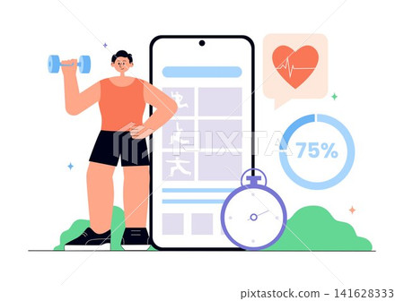 Virtual Fitness App Promotion Illustration Featuring Workout Tracking, Exercise Monitoring, Heart Rate Analytics, Healthy Lifestyle and Wellness Goals 141628333