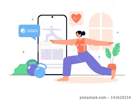 Virtual Fitness App Promotion Illustration Featuring Workout Tracking, Exercise Monitoring, Heart Rate Analytics, Healthy Lifestyle and Wellness Goals 141628334