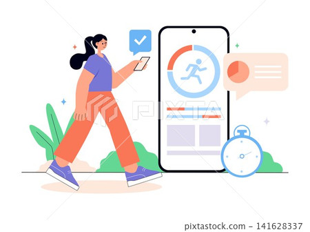 Virtual Fitness App Promotion Illustration Featuring Workout Tracking, Exercise Monitoring, Heart Rate Analytics, Healthy Lifestyle and Wellness Goals Virtual Fitness App Promotion Illustration Featuring Workout Tracking, Exercise Monitoring, Heart Rate Analytics, Healthy Lifestyle and Wellness Goals 141628337