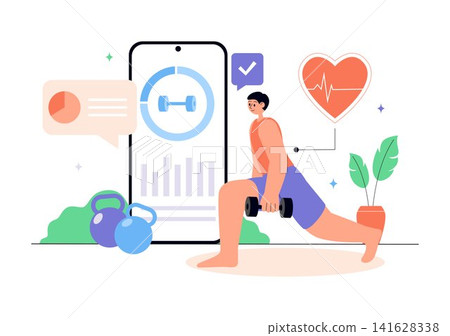 Virtual Fitness App Promotion Illustration Featuring Workout Tracking, Exercise Monitoring, Heart Rate Analytics, Healthy Lifestyle and Wellness Goals Virtual Fitness App Promotion Illustration Featuring Workout Tracking, Exercise Monitoring, Heart Rate Analytics, Healthy Lifestyle and Wellness Goals 141628338