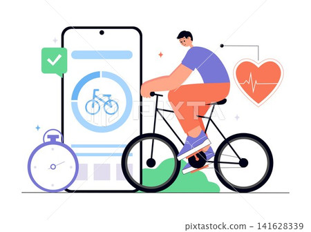 Virtual Fitness App Promotion Illustration Featuring Workout Tracking, Exercise Monitoring, Heart Rate Analytics, Healthy Lifestyle and Wellness Goals Virtual Fitness App Promotion Illustration Featuring Workout Tracking, Exercise Monitoring, Heart Rate Analytics, Healthy Lifestyle and Wellness Goals 141628339