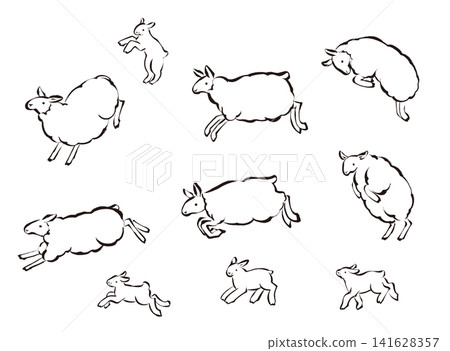 Year of the Sheep, New Year's greeting card material, vector illustration set of a sheep family in ink and brushstroke style_Jump Year of the Sheep, New Year's greeting card material, vector illustration set of a sheep family in ink and brushstroke style_Jump 141628357