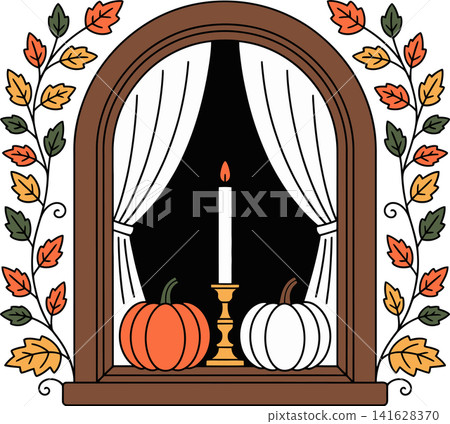 Autumn Window with Pumpkins and Candle Cozy Fall Home Illustration Autumn Window with Pumpkins and Candle Cozy Fall Home Illustration 141628370