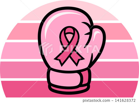 Pink Boxing Glove with Breast Cancer Awareness Ribbon and Retro Sunset Background Pink Boxing Glove with Breast Cancer Awareness Ribbon and Retro Sunset Background 141628372