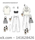 Dress-up fashion kit: Adult casual outfit illustration featuring a sheer summer knit polo shirt and barrel-leg jeans. Dress-up fashion kit: Adult casual outfit illustration featuring a sheer summer knit polo shirt and barrel-leg jeans. 141628426