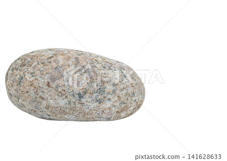 Gray round natural river stone of oval flattened shape with heterogeneous composition, spotted inclusions of red, white, black, isolated on white background with clipped path. Empty copy space 141628633