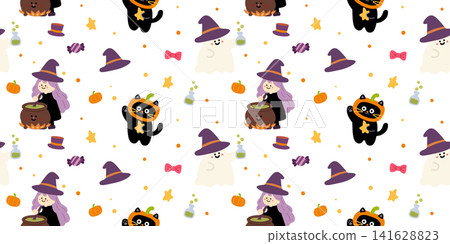 Seamless Halloween Kawaii Character Pattern with Witches and Cats 141628823