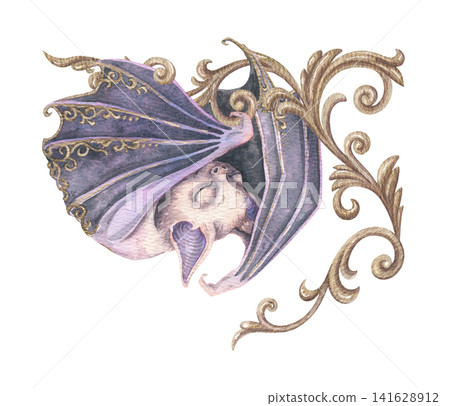 Cute sleeping bat with gold filigree ornament. Hand drawn watercolor purple bat with golden baroque scroll and rococo filigree. Victorian graphic for halloween card. Gothic decorative border. Cute sleeping bat with gold filigree ornament. Hand drawn watercolor purple bat with golden baroque scroll and rococo filigree. Victorian graphic for halloween card. Gothic decorative border. 141628912
