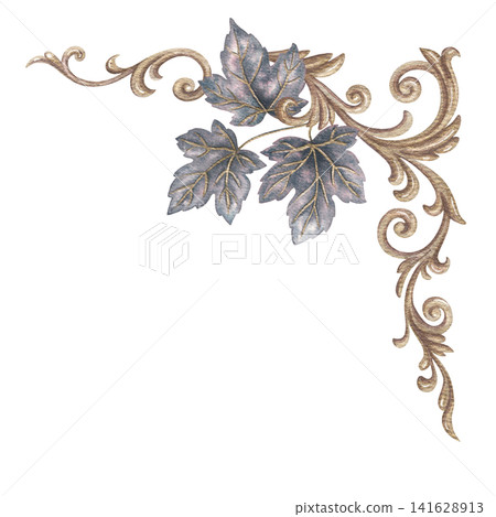 Ivy leaf with golden vintage ornament corner border. Hand drawn watercolor black plant with gold baroque scroll and filigree. Abstract graphic for halloween invitation. Gothic decorative template. Ivy leaf with golden vintage ornament corner border. Hand drawn watercolor black plant with gold baroque scroll and filigree. Abstract graphic for halloween invitation. Gothic decorative template. 141628913