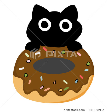 Cute Black cat Cartoon Creature Eating a Donut Cute Black cat Cartoon Creature Eating a Donut 141628934