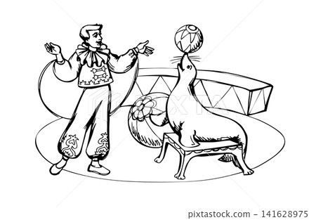 Vector drawing. Seal in circus Vector drawing. Seal in circus 141628975