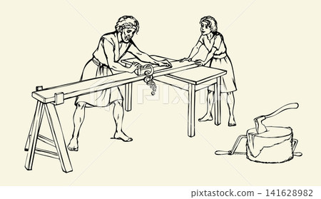Vector drawing. Father and son working togather Vector drawing. Father and son working togather 141628982