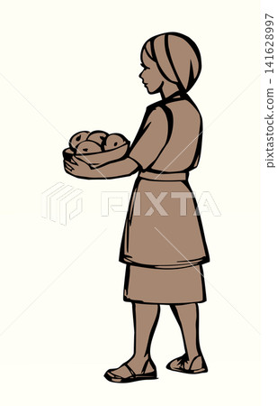 Vector drawing. The girl selling the fruits Vector drawing. The girl selling the fruits 141628997