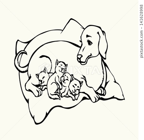 Vector drawing. Dog with kittens Vector drawing. Dog with kittens 141628998