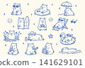 Summer Capybara Doodles Set Cute Beach Animal Characters Hand Drawn 141629101