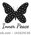 Celestial butterfly silhouette with Inner Peace Inscription. Butterfly silhouette isolated on a white background for printing on a t-shirt for yoga lovers 141629136