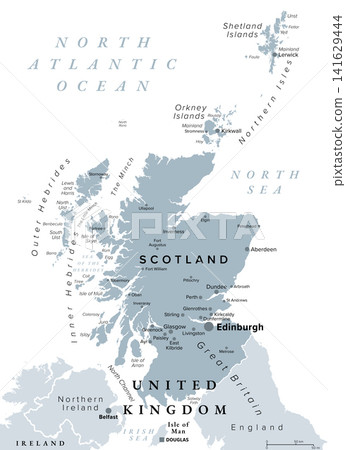 Scotland, part of UK, gray political map, with capital Edinburgh and largest cities. Country of United Kingdom, consisting of northern part of of Great Britain, Hebrides, and Northern Isles. Vector Scotland, part of UK, gray political map, with capital Edinburgh and largest cities. Country of United Kingdom, consisting of northern part of of Great Britain, Hebrides, and Northern Isles. Vector 141629444