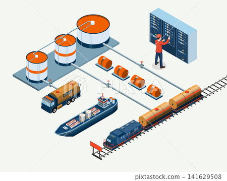 Isometric Oil and Gas Storage Terminal with Pipeline Network, Fuel Transportation and Industrial Control System Isometric Oil and Gas Storage Terminal with Pipeline Network, Fuel Transportation and Industrial Control System 141629508
