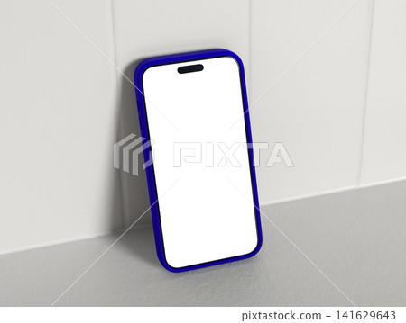 Phone mockup with a blank white screen and blue frame leans against a kitchen backsplash tile wall. Phone mockup with a blank white screen and blue frame leans against a kitchen backsplash tile wall. 141629643