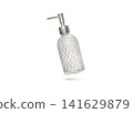 A clear glass perfume bottle with a diamond pattern floating on a white background. 141629879