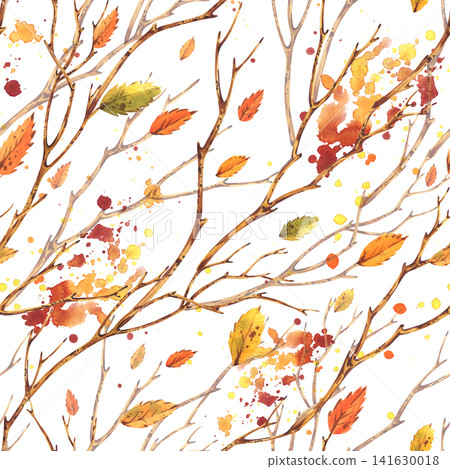 Watercolor seamless pattern with autumn tree branches and falling leaves. Hand drawn botanical texture for textile, wallpaper, stationery design and seasonal nature background. Watercolor seamless pattern with autumn tree branches and falling leaves. Hand drawn botanical texture for textile, wallpaper, stationery design and seasonal nature background. 141630018