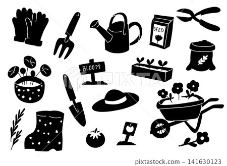 Vector set of black silhouette of gardening elements. Monochrome collection of gardening and horticulture clip arts Vector set of black silhouette of gardening elements. Monochrome collection of gardening and horticulture clip arts 141630123