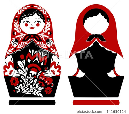 Vector set of black and red silhouette of matryoshka dolls in folk art style. Collection of monochrome decorative nesting dolls. Vector set of black and red silhouette of matryoshka dolls in folk art style. Collection of monochrome decorative nesting dolls. 141630124