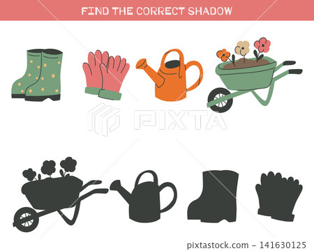 Vector educational game for children Find the correct shadow of gardening stuff. Practice template with hand drawn floriculture objects 141630125