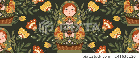Vector seamless ornament with a matryoshkas in folk art style and a floral decoration. Wallpaper with tracery Slavic souvenir. Vector seamless ornament with a matryoshkas in folk art style and a floral decoration. Wallpaper with tracery Slavic souvenir. 141630126