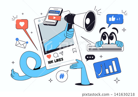 Social media influencer flat concept for web design. Online posting in blog, advertising with megaphone announcements, creating digital content and sharing with target audience. Vector illustration. Social media influencer flat concept for web design. Online posting in blog, advertising with megaphone announcements, creating digital content and sharing with target audience. Vector illustration. 141630218