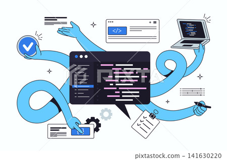 Software development flat concept for web design. Programming and creating IT products, testing cross platform code, editing scripts of apps or programs, engineering prototypes. Vector illustration. Software development flat concept for web design. Programming and creating IT products, testing cross platform code, editing scripts of apps or programs, engineering prototypes. Vector illustration. 141630220