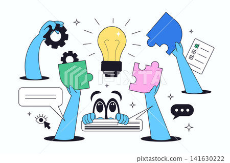 Teamwork flat concept for web design. Solve problem and finding best solutions in team, brainstorming together for innovation and progress, employees cooperation at project. Vector illustration. Teamwork flat concept for web design. Solve problem and finding best solutions in team, brainstorming together for innovation and progress, employees cooperation at project. Vector illustration. 141630222