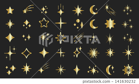 Gold star shapes elements set design. Collection with shiny bright glow symbols, glistering light sparkles, magic twinkle stardust, premium logotype, glossy award or winner signs. Vector illustration. Gold star shapes elements set design. Collection with shiny bright glow symbols, glistering light sparkles, magic twinkle stardust, premium logotype, glossy award or winner signs. Vector illustration. 141630232