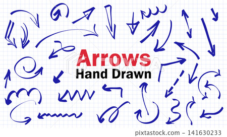Blue pen hand drawn arrows elements set design. Collection with line scribble pointers, moving direction symbols, curly or straight, down or up, oval, trace, turn, bend cursors. Vector illustration. Blue pen hand drawn arrows elements set design. Collection with line scribble pointers, moving direction symbols, curly or straight, down or up, oval, trace, turn, bend cursors. Vector illustration. 141630233
