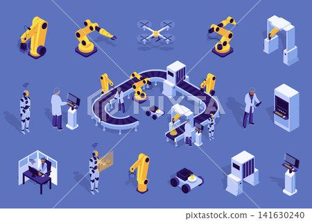 Automatic factory 3d isometric mega set in flat design. Collection isometry elements of robotic arms, robot assistance, conveyor belt, line assembling, production process, other. Illustration. Automatic factory 3d isometric mega set in flat design. Collection isometry elements of robotic arms, robot assistance, conveyor belt, line assembling, production process, other. Illustration. 141630240