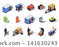 Generators maintenance 3d isometric mega set in flat design. Collection isometry elements of different types of portable electric power generators, canisters, technicians, other. Illustration. 141630243