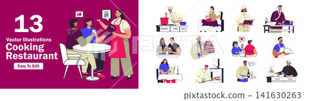 Cooking and restaurant concept set in flat design for web. Collection with people sit at table, waiter takes order, chefs make dishes, sushi, confectionery or bakery at kitchen. Vector illustrations. Cooking and restaurant concept set in flat design for web. Collection with people sit at table, waiter takes order, chefs make dishes, sushi, confectionery or bakery at kitchen. Vector illustrations. 141630263
